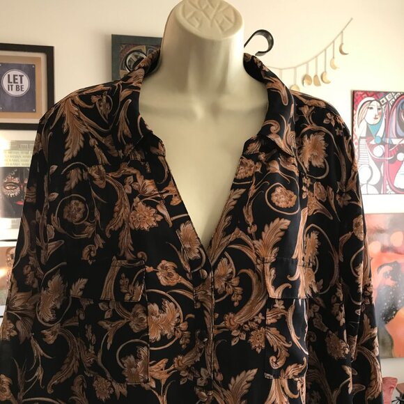 TORRID size 3 Black & Golden Brown Floral Print Georgette Tunic Blouse - Picture 2 of 5